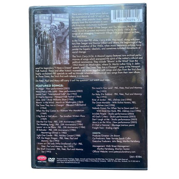 Peter, Paul & Mary: Carry It on A Musical Legacy DVD New & Sealed 2004 Rhino - Picture 2 of 4